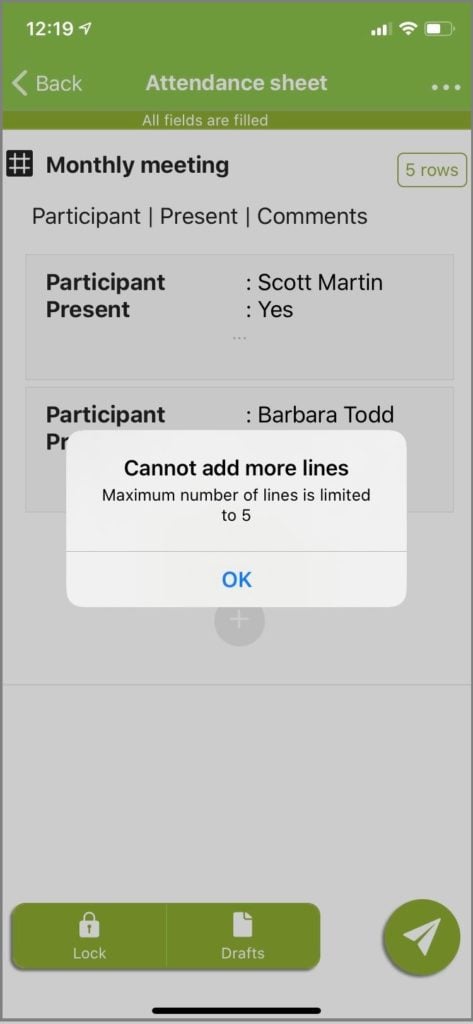Alert message on the mobile phone when the number of rows in the table is not respected. Alert message on the mobile phone when the number of rows in the table is not respected.