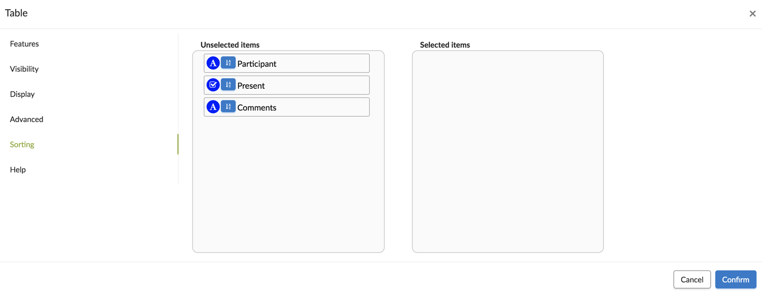 Sort elements in a table