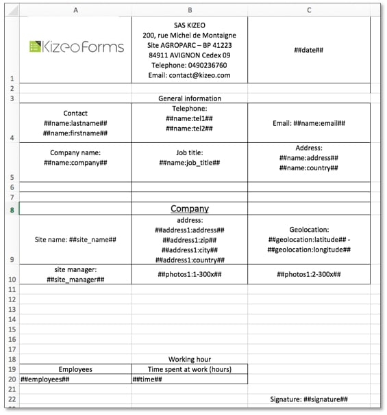 Template Kizeo Forms excel