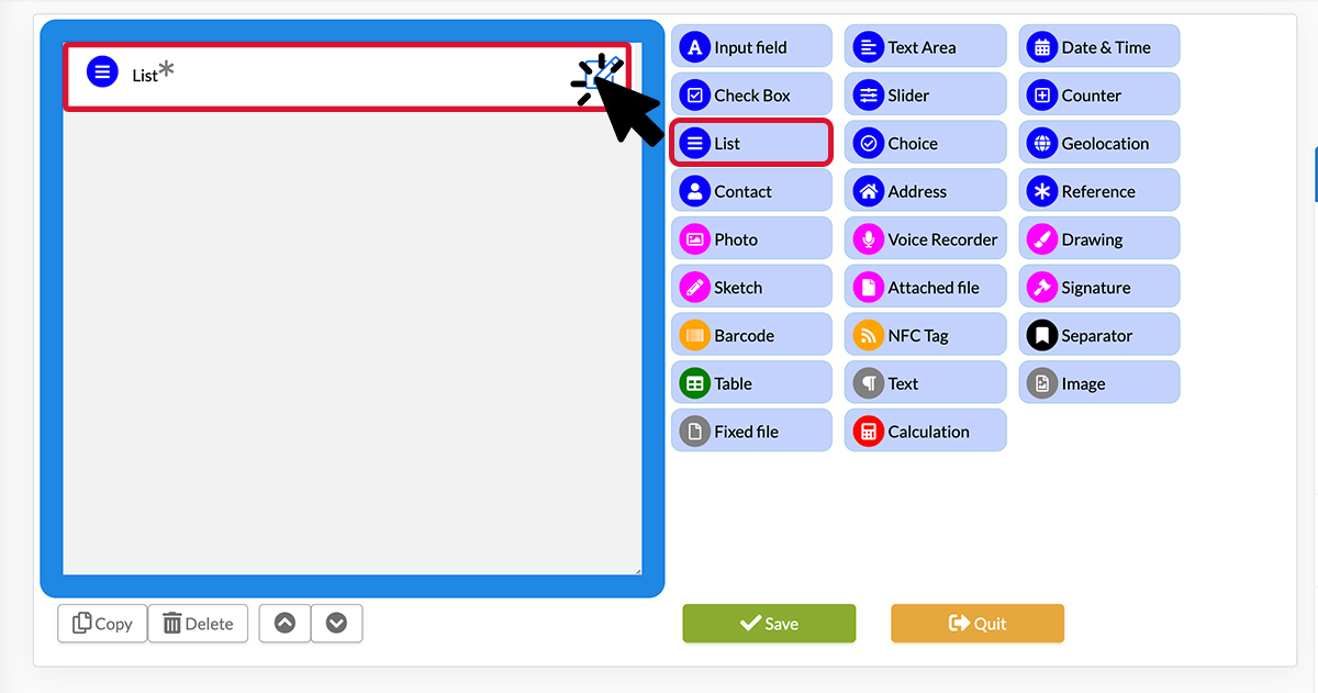 Insert list element in form Insert list in form