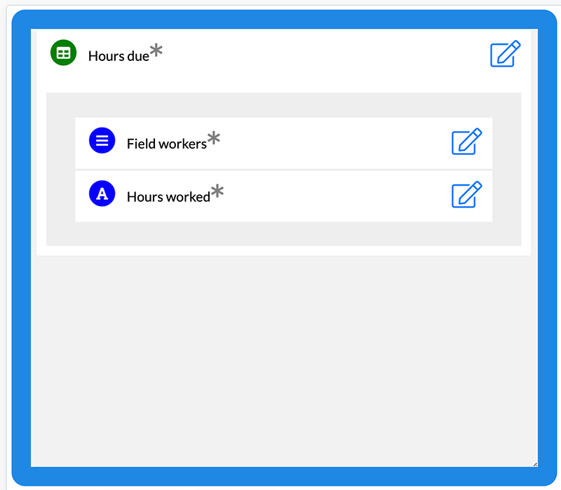 create your time sheet form: A table with a list of participants and a numeric entry field