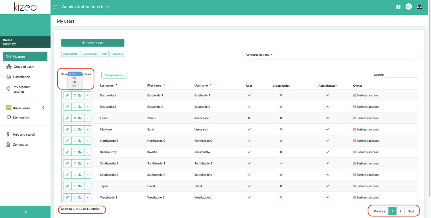 display parameters for users