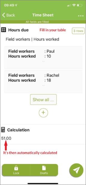 example of an employee time sheet on the mobile application