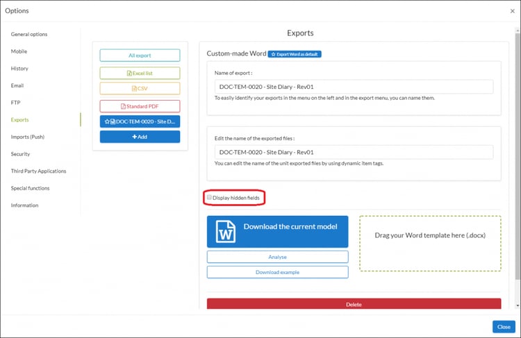 Form options display hidden fields on exports