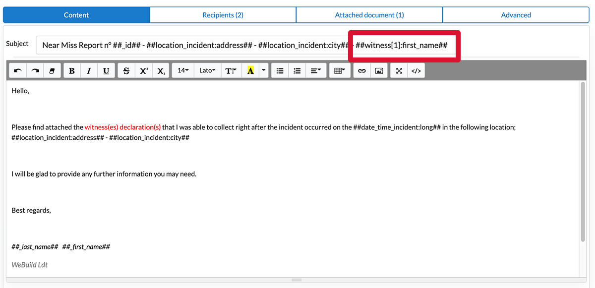 Display an info in the subject line email