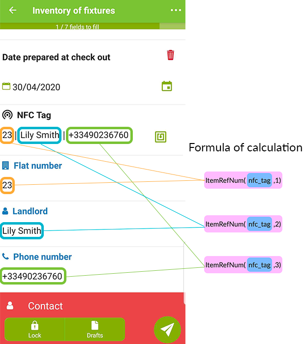 The information contained in the NFC Tag will appear in the field and in your Calculation fields