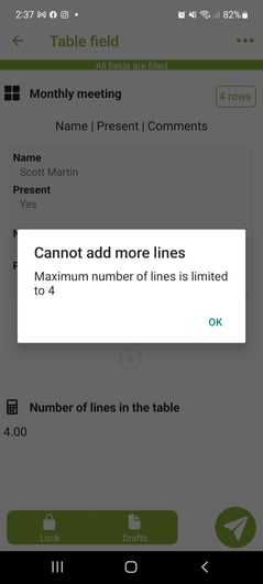 warning for number of table rows